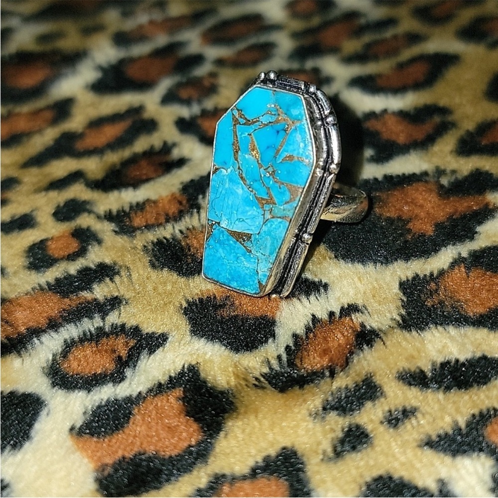 Coffin Cut Copper Turquoise Ring Size 7.75 / 925 Sterling Silver